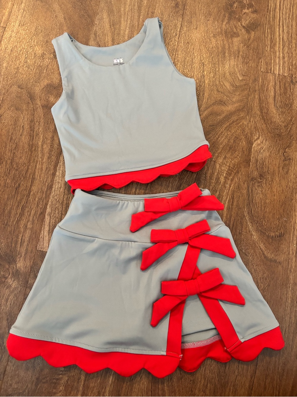Kids Matching Bow Skirt Set - Light Grey with Red